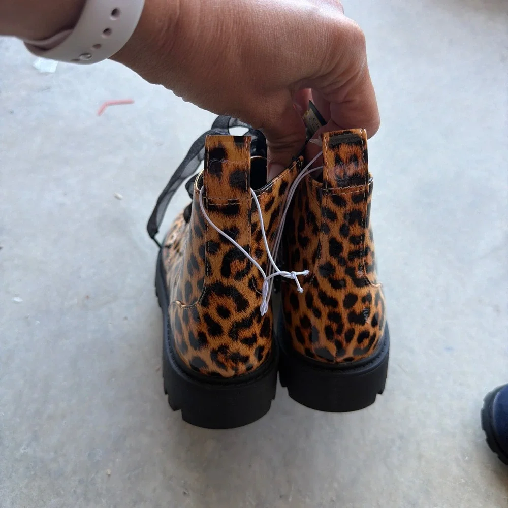 Kids Leopard‎ Print Patent Combat Boots Zip Up Lug Sole Ankle Boots Size 4